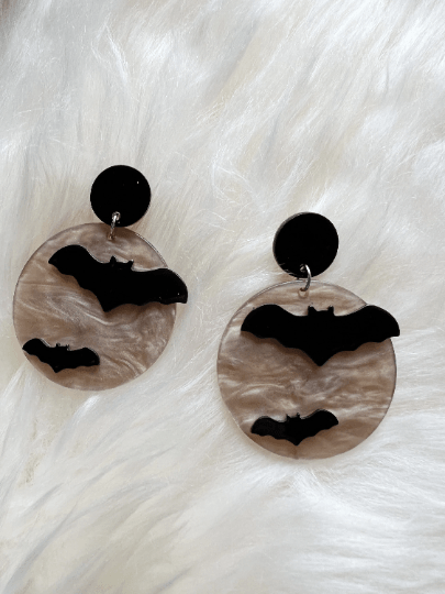 Halloween earrings | creepy bat blood moon earrings | glitter acetate lightweight fun party earrings | halloween night - TuttyKnitty