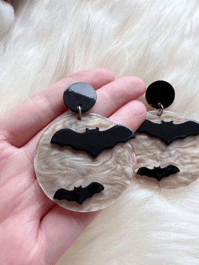 Halloween earrings | creepy bat blood moon earrings | glitter acetate lightweight fun party earrings | halloween night - TuttyKnitty