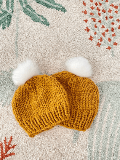 Hand knit baby beanie | Baby Chunky Double Pom Pom Beanie in Mustard | Newborn Baby Toddler hat | Fur Pom Pom Hat | Knit winter hat - TuttyKnitty