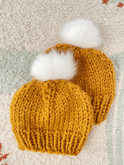 Hand knit baby beanie | Baby Chunky Double Pom Pom Beanie in Mustard | Newborn Baby Toddler hat | Fur Pom Pom Hat | Knit winter hat - TuttyKnitty