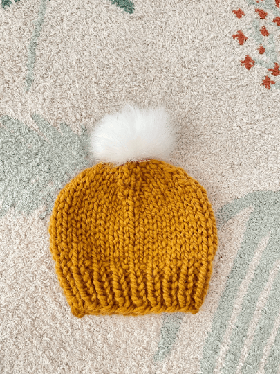 Hand knit baby beanie | Baby Chunky Double Pom Pom Beanie in Mustard | Newborn Baby Toddler hat | Fur Pom Pom Hat | Knit winter hat - TuttyKnitty