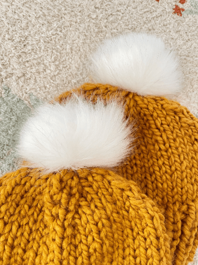 Hand knit baby beanie | Baby Chunky Double Pom Pom Beanie in Mustard | Newborn Baby Toddler hat | Fur Pom Pom Hat | Knit winter hat - TuttyKnitty