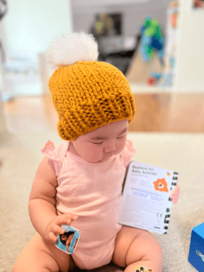 Hand knit baby beanie | Baby Chunky Double Pom Pom Beanie in Mustard | Newborn Baby Toddler hat | Fur Pom Pom Hat | Knit winter hat - TuttyKnitty