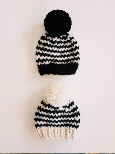 Hand knit baby beanie | Baby Chunky Pom Pom Beanie | Newborn hat | Chunky Pom Pom Hat | Knit winter stripes hat | baby shower gift - TuttyKnitty