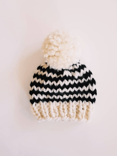 Hand knit baby beanie | Baby Chunky Pom Pom Beanie | Newborn hat | Chunky Pom Pom Hat | Knit winter stripes hat | baby shower gift - TuttyKnitty