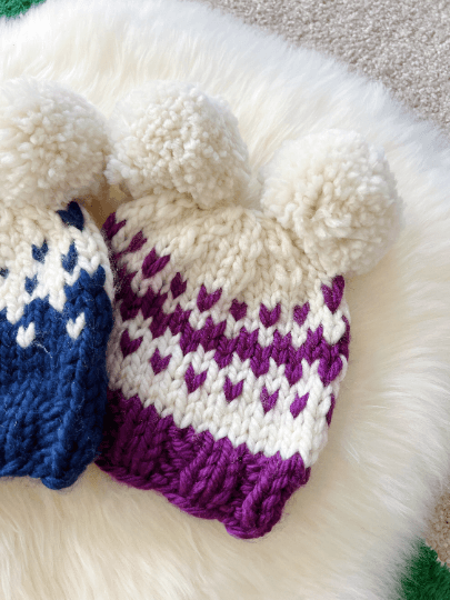 Hand knit FairIsle pompom hat | Handknit Baby beanie |Chunky Bear Double Pom Pom Hat | Knit winter hat | 6 - 12 months baby - TuttyKnitty