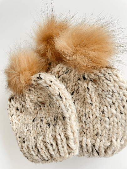 Hand knit fur Pom Pom Baby Beanie in Oatmeal | Newborn / Toddler Winter hat | Chunky Beanie |Baby shower gift |photo prop baby gift - TuttyKnitty