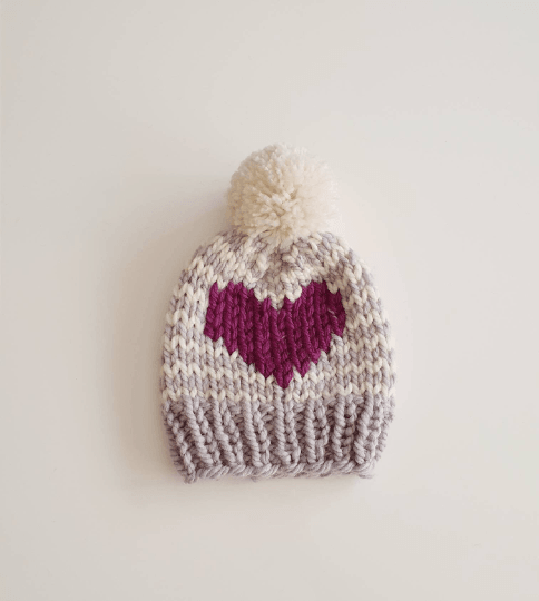 Hand knit Grey and Purple Heart and stripes pompom hat | Baby Toddler beanie |Chunky Pom Pom Hat | Knit winter hat | Baby gift - TuttyKnitty