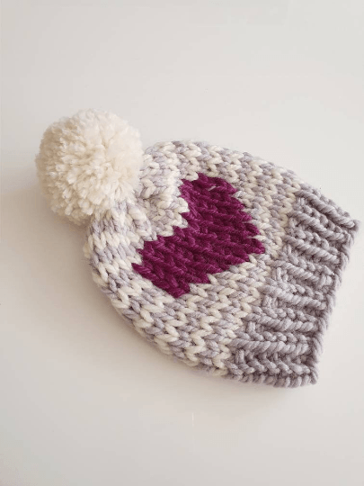 Hand knit Grey and Purple Heart and stripes pompom hat | Baby Toddler beanie |Chunky Pom Pom Hat | Knit winter hat | Baby gift - TuttyKnitty