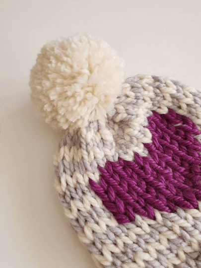 Hand knit Grey and Purple Heart and stripes pompom hat | Baby Toddler beanie |Chunky Pom Pom Hat | Knit winter hat | Baby gift - TuttyKnitty