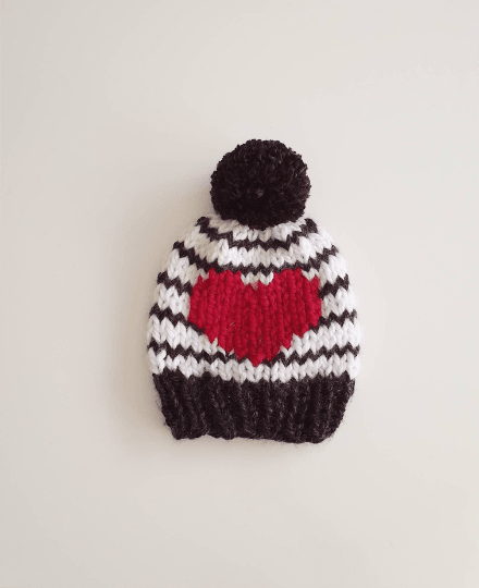 Hand knit Monochromatic Red Heart and stripes pompom hat | handknit Baby/Toddler beanie |Chunky Pom Pom Hat | Knit winter hat | baby gift - TuttyKnitty