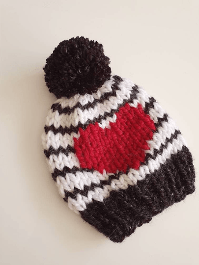 Hand knit Monochromatic Red Heart and stripes pompom hat | handknit Baby/Toddler beanie |Chunky Pom Pom Hat | Knit winter hat | baby gift - TuttyKnitty