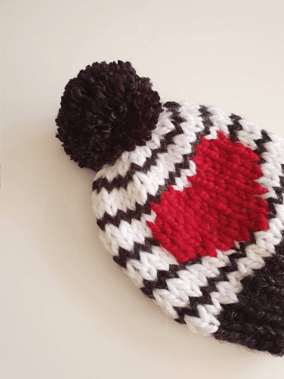 Hand knit Monochromatic Red Heart and stripes pompom hat | handknit Baby/Toddler beanie |Chunky Pom Pom Hat | Knit winter hat | baby gift - TuttyKnitty