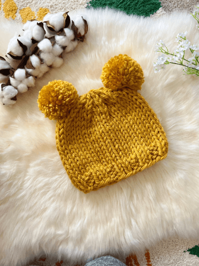 Hand knit Mustard yellow pompom hat | Handknit Baby beanie |Chunky Bear Double Pom Pom Hat | Knit winter hat | 6 - 12 months baby - TuttyKnitty