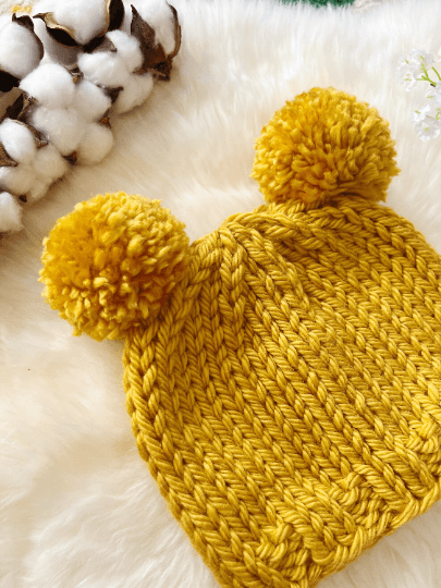 Hand knit Mustard yellow pompom hat | Handknit Baby beanie |Chunky Bear Double Pom Pom Hat | Knit winter hat | 6 - 12 months baby - TuttyKnitty