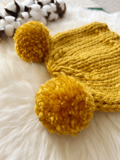 Hand knit Mustard yellow pompom hat | Handknit Baby beanie |Chunky Bear Double Pom Pom Hat | Knit winter hat | 6 - 12 months baby - TuttyKnitty