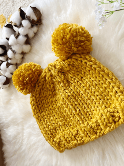 Hand knit Mustard yellow pompom hat | Handknit Baby beanie |Chunky Bear Double Pom Pom Hat | Knit winter hat | 6 - 12 months baby - TuttyKnitty