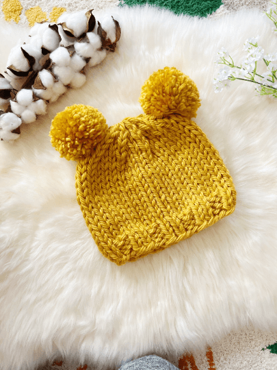 Hand knit Mustard yellow pompom hat | Handknit Baby beanie |Chunky Bear Double Pom Pom Hat | Knit winter hat | 6 - 12 months baby - TuttyKnitty