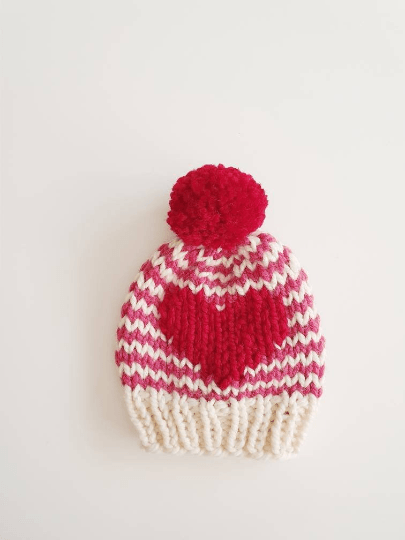 Hand knit Raspberry Love Heart and stripes pompom hat | Baby Toddler beanie |Chunky Pom Pom Hat | Knit winter hat | Baby gift - TuttyKnitty