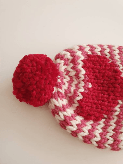 Hand knit Raspberry Love Heart and stripes pompom hat | Baby Toddler beanie |Chunky Pom Pom Hat | Knit winter hat | Baby gift - TuttyKnitty