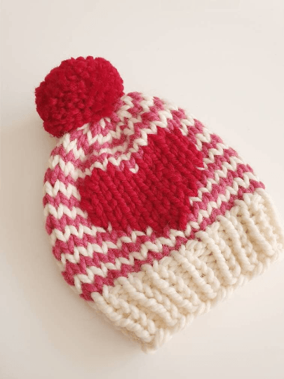 Hand knit Raspberry Love Heart and stripes pompom hat | Baby Toddler beanie |Chunky Pom Pom Hat | Knit winter hat | Baby gift - TuttyKnitty