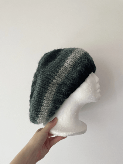 Hand knit Wool blend Beret in Purple or Grey mix | thick slouch Hat | knit autumn or winter beret - TuttyKnitty