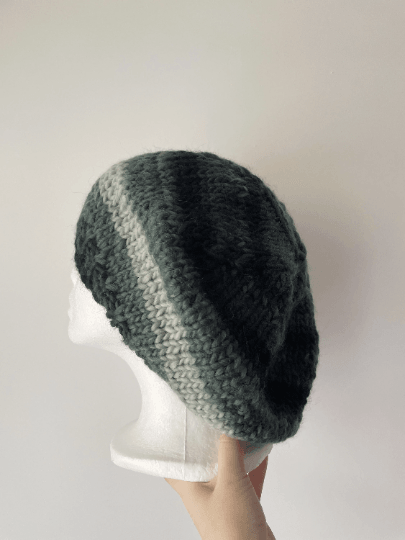 Hand knit Wool blend Beret in Purple or Grey mix | thick slouch Hat | knit autumn or winter beret - TuttyKnitty