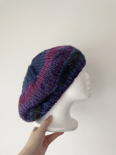 Hand knit Wool blend Beret in Purple or Grey mix | thick slouch Hat | knit autumn or winter beret - TuttyKnitty