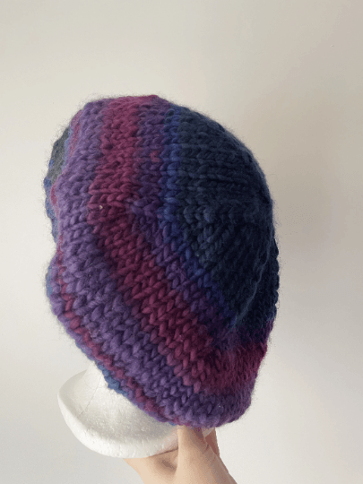 Hand knit Wool blend Beret in Purple or Grey mix | thick slouch Hat | knit autumn or winter beret - TuttyKnitty