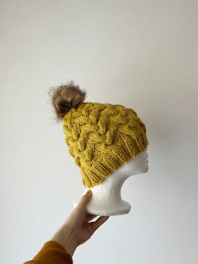 Handknit Cable Brim Beanie | Knit Beret | Slouchy Hat in mustard | Knit beanie in yellow | Fluffy cozy fur pom pom winter hat - TuttyKnitty