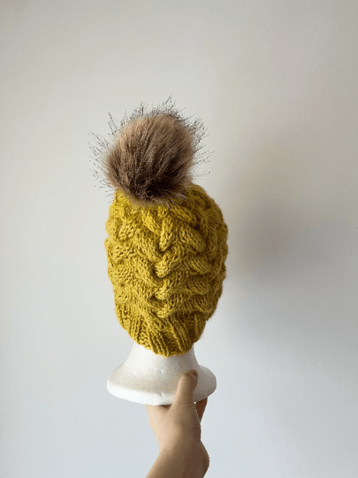 Handknit Cable Brim Beanie | Knit Beret | Slouchy Hat in mustard | Knit beanie in yellow | Fluffy cozy fur pom pom winter hat - TuttyKnitty