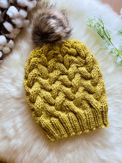 Handknit Cable Brim Beanie | Knit Beret | Slouchy Hat in mustard | Knit beanie in yellow | Fluffy cozy fur pom pom winter hat - TuttyKnitty