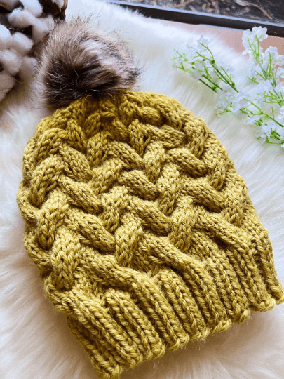 Handknit Cable Brim Beanie | Knit Beret | Slouchy Hat in mustard | Knit beanie in yellow | Fluffy cozy fur pom pom winter hat - TuttyKnitty