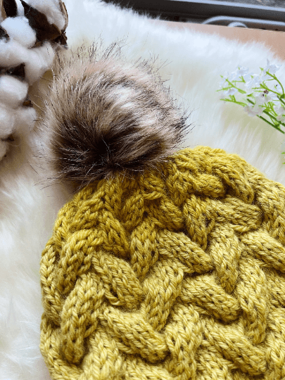 Handknit Cable Brim Beanie | Knit Beret | Slouchy Hat in mustard | Knit beanie in yellow | Fluffy cozy fur pom pom winter hat - TuttyKnitty