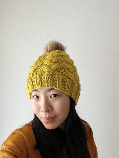 Handknit Cable Brim Beanie | Knit Beret | Slouchy Hat in mustard | Knit beanie in yellow | Fluffy cozy fur pom pom winter hat - TuttyKnitty