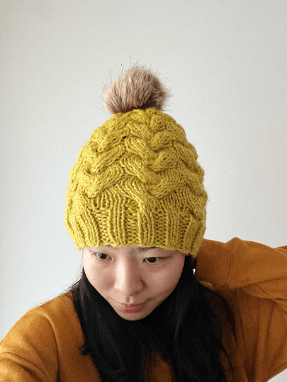 Handknit Cable Brim Beanie | Knit Beret | Slouchy Hat in mustard | Knit beanie in yellow | Fluffy cozy fur pom pom winter hat - TuttyKnitty