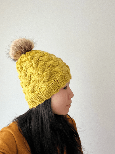 Handknit Cable Brim Beanie | Knit Beret | Slouchy Hat in mustard | Knit beanie in yellow | Fluffy cozy fur pom pom winter hat - TuttyKnitty