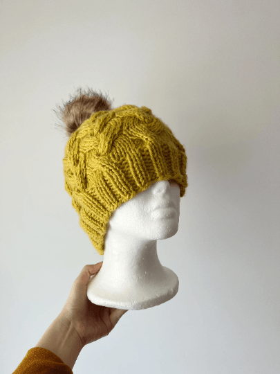 Handknit Cable Brim Beanie | Knit Beret | Slouchy Hat in mustard | Knit beanie in yellow | Fluffy cozy fur pom pom winter hat - TuttyKnitty