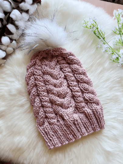 Handknit Cable Brim Beanie | Knit Beret | Slouchy Hat in nude pink | Knit beanie in pinkish beige | Fluffy cozy fur pom pom winter hat - TuttyKnitty