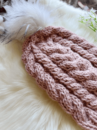 Handknit Cable Brim Beanie | Knit Beret | Slouchy Hat in nude pink | Knit beanie in pinkish beige | Fluffy cozy fur pom pom winter hat - TuttyKnitty