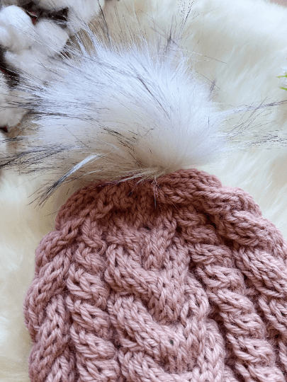 Handknit Cable Brim Beanie | Knit Beret | Slouchy Hat in nude pink | Knit beanie in pinkish beige | Fluffy cozy fur pom pom winter hat - TuttyKnitty