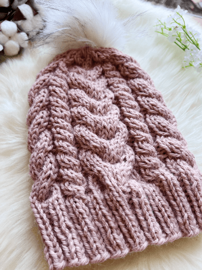 Handknit Cable Brim Beanie | Knit Beret | Slouchy Hat in nude pink | Knit beanie in pinkish beige | Fluffy cozy fur pom pom winter hat - TuttyKnitty