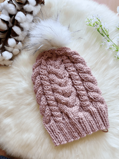 Handknit Cable Brim Beanie | Knit Beret | Slouchy Hat in nude pink | Knit beanie in pinkish beige | Fluffy cozy fur pom pom winter hat - TuttyKnitty