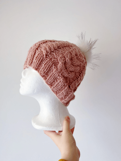 Handknit Cable Brim Beanie | Knit Beret | Slouchy Hat in nude pink | Knit beanie in pinkish beige | Fluffy cozy fur pom pom winter hat - TuttyKnitty