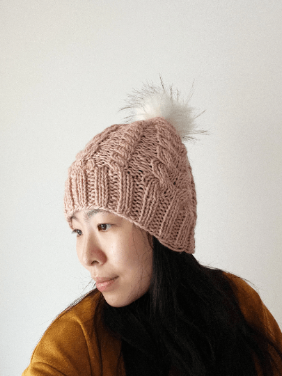 Handknit Cable Brim Beanie | Knit Beret | Slouchy Hat in nude pink | Knit beanie in pinkish beige | Fluffy cozy fur pom pom winter hat - TuttyKnitty