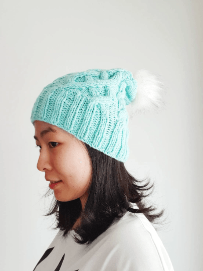 Handknit Cable knit beanie with White fur pom pom - Mint colour beanie - Fur Pom Pom Hat - Knit beanie - Winter Hat - TuttyKnitty