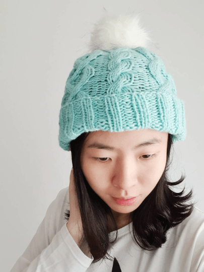 Handknit Cable knit beanie with White fur pom pom - Mint colour beanie - Fur Pom Pom Hat - Knit beanie - Winter Hat - TuttyKnitty