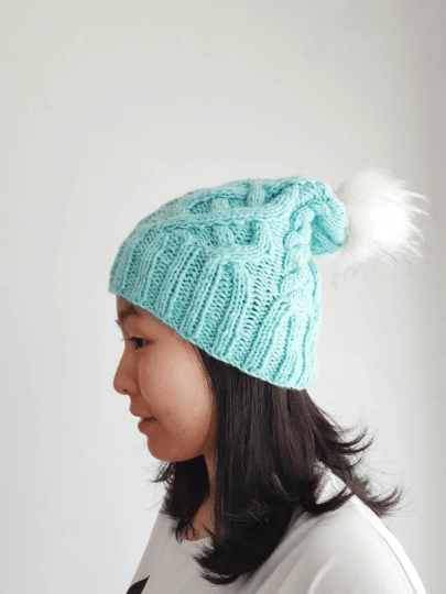 Handknit Cable knit beanie with White fur pom pom - Mint colour beanie - Fur Pom Pom Hat - Knit beanie - Winter Hat - TuttyKnitty