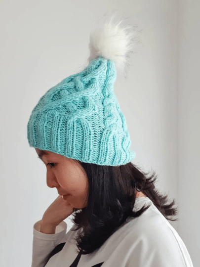 Handknit Cable knit beanie with White fur pom pom - Mint colour beanie - Fur Pom Pom Hat - Knit beanie - Winter Hat - TuttyKnitty