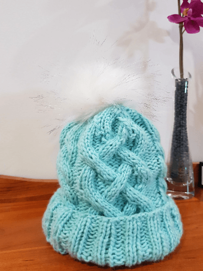 Handknit Cable knit beanie with White fur pom pom - Mint colour beanie - Fur Pom Pom Hat - Knit beanie - Winter Hat - TuttyKnitty